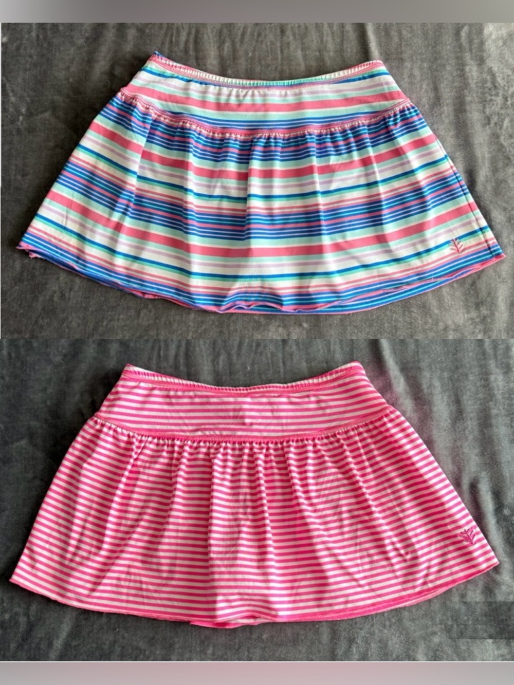 Girl’s Coolibar Swim Skort Size L/ XL Pink White Striped Wavecatcher UPF 50+